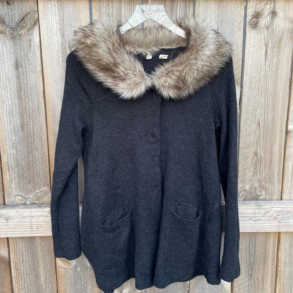 Anthropologie Moth Button Down Faux Fur Sweater Tunic Cardigan Gray Small - Picture 1 of 10